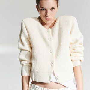 H&M Cream Knitted Shoulder Pad Button Down Minimalist Structured Jacket Cream L